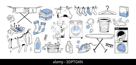 Hand drawn laundry doodle icons. Simple line art illustration with clothes, detergent, washing machine, iron, baskets, socks on rope, ironing board, floating soap bubbles. Household cleaning supplies Stock Vector