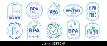 Bpa free guarantee badge logo vector set. No bisphenol and phthalates blue outline icons for health and safety. Eco friendly product label design with water drop, plastic, tick sign. Non toxic sticker Stock Vector