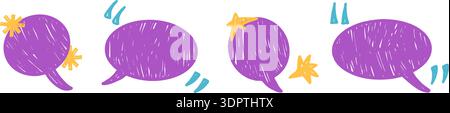 Crayon speech bubbles and stars, quotation marks shapes. Abstract irregular pastel pencil dialogue figures. Chalk texture freeform text box elements. Stock Vector
