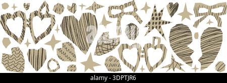 Love and heart cutout collection for paper and scrapbook art. Collage with a textured stickers and locket icon. Perfect for valentine crafts. Broken h Stock Vector
