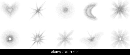 Grain black gradient stippling shapes. Set of dotted heart figures and flower elements. Trendy Y2K with halftone effects geometric stars icon designs. Stock Vector