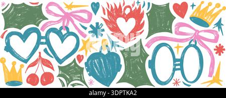 Valentine hearts pastel brush doodles. Couple heart-shape lockets with bang text boxes callout. Hand drawn crayon cherry, crown, star sticker. Vector Stock Vector