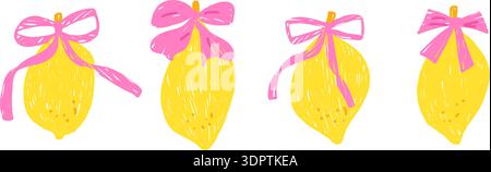 Whimsical crayon lemon with bows. Hand drawn naive fruit doodles in pink yellow tones. Vector lemons scribble isolated no bg. Pastel or chalk pencil h Stock Vector