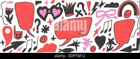 Speech bubble crayon doodles composition. Hand drawn text boxes frames with scribbles set. Funky crayon or pencil flowers, arrow, callout dialogue sha Stock Vector