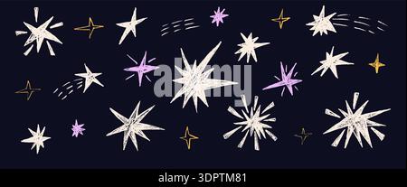 Whimsical celestial doodles with pastel chalk texture. Playful sketched elements featuring colorful strokes, perfect for scrapbooking, children's proj Stock Vector