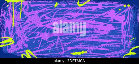 Grunge neon colors background with brush strokes, frame and halftone texture. Abstract design splatter effects and vibrant urban street for modern pos Stock Vector