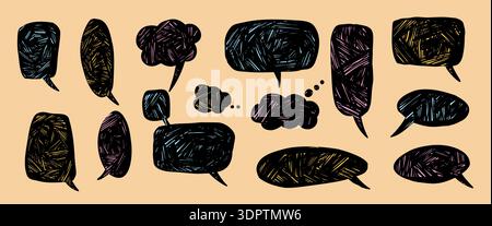 Black crayon dialogue balloons. Speech bubbles with chalk texture set. Sketch manga comic elements. Doodled messaging rough icons. Childish vector sti Stock Vector