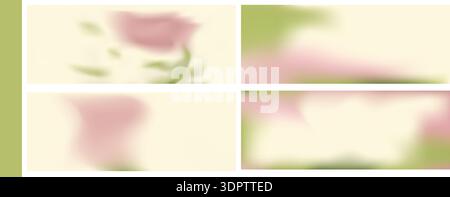 Flowers gradient frames with soft focus set. Blur backgrounds with gentle summer floral in soft haze. Beige, pink and green pastel gradation for sprin Stock Vector