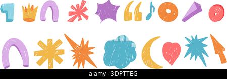 Kids abstract geometric crayon stickers. Kindergarten abstract figures hand drawn scribbles set. Music note, asterisk, stars, heart stickers. Vector n Stock Vector
