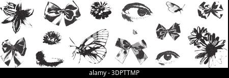 Photocopy vintage romantic flowers, bow. Ribbon, female eyes and butterfy threshold collage cutouts. Dotted stippling black grunge elements. Vector y2 Stock Vector