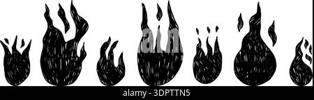 Sketchy campfire illustrations with crayon or charcoal effects. Collection of rough-textured blazing elements. Great for retro designs, punk aesthetic Stock Vector