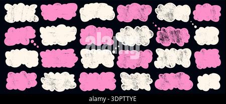 Chalk grunge girly blobs for text. Cloudy crayon shape with fluffy frame label for promo. Pink sticker with scallop badges set. Naive chalk doodle pac Stock Vector
