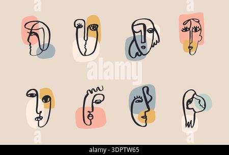 Vector set hand drawn doodle, ink faces, continuous line cubbism style. Art, freehand graphics with colorful spots Stock Vector