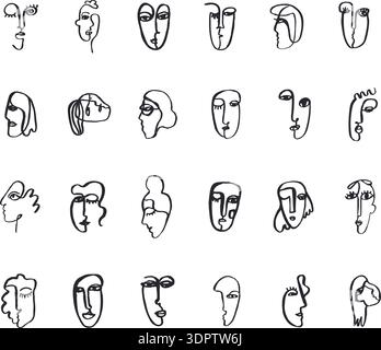 Vector set hand drawn doodle, ink faces, continuous line cubism style. Art, freehand graphics with colorful spots. men heads Stock Vector