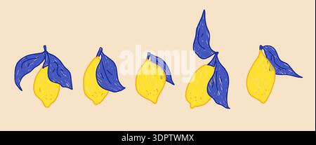 Crayon hand drawn lemon set with Italian Mediterranean charm. Chalk pencil naive doodle fruit featuring branches in blue yellow tones. Vector lemons s Stock Vector