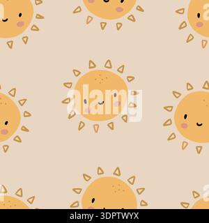 Cute seamless pattern of sun icons. Funny happy smiley suns. Bright and beautiful cartoon background. Stock Vector