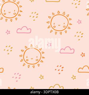 Cute seamless pattern of sun icons. Funny happy smiley suns. Bright and beautiful cartoon background. Stock Vector