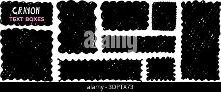Crayon textured rectangles. Wavy scalloped grunge frames. Text boxes with wiggle edges set. Urban street distressed wall in rectangular, square figure Stock Vector