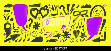 Crayon vivid neon doodles with speech bubble. Hand drawn text boxes frame with quotation marks scribbles set. Funky pencil abstract, callout shapes. T Stock Vector
