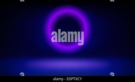 Futuristic technology stage, halftone blue background. Round purple pink blurred neon glow. Abstract background for displaying products, presentation Stock Vector
