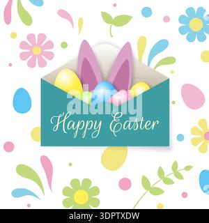 Happy Easter greeting card. Envelope with cute rabbit bunny ears, easter eggs. White background with colorful eggs, floral elements. Spring holiday Stock Vector