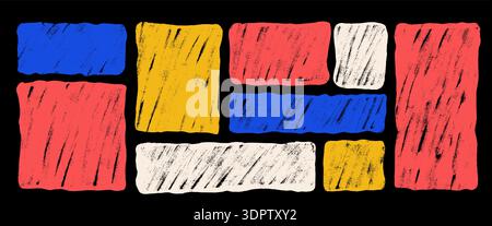 Wavy crosshatching texture rectangle frames. Curvy red, blue chalk square quote borders and labels. Text boxes crayon doodle elements, geometric trend Stock Vector