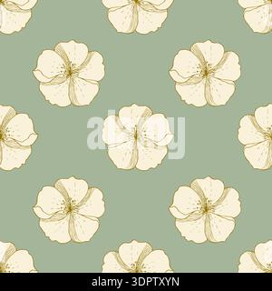 Pattern of decorative flowers, gold drawing on green pastel background, daisies or primroses. Retro 1970s with boho elements, characterized by natural Stock Vector