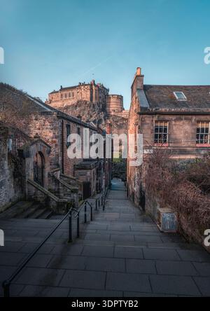 Edinburgh Castle View from the Vennel Steps in Edinburgh, Scotland Stock Photo
