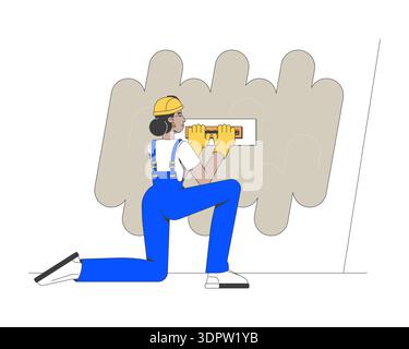 Construction worker applying wall putty 2D vector illustration Stock Vector