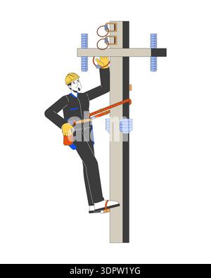 Technician repairing electric utility pole 2D vector illustration Stock Vector