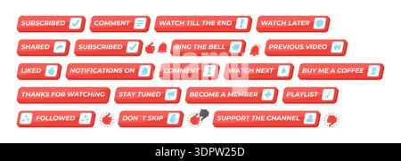Red enabled isometric social media UI button set Stock Vector