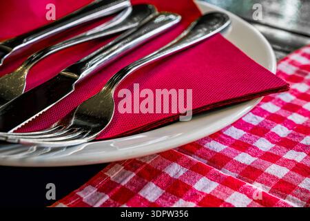 A set of silver cutlery placed on a red napkin, resting on a round white plate. The background features a red and white checkered tablecloth. Stock Photo
