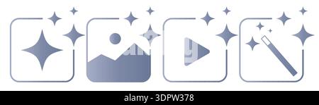 Set of AI image and video generate icons with sparkle star, photo, play button and magic wand. AI creative tools for digital media, content generation Stock Vector