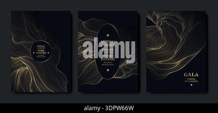 Luxury black background, elegant gold floral line pattern, abstract waves. Premium vector design for gala dinners, wedding invitations, birthday cards Stock Vector