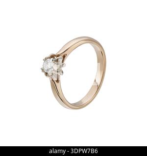 Rose gold diamond solitaire ring with prong setting, isolated on white background Stock Photo