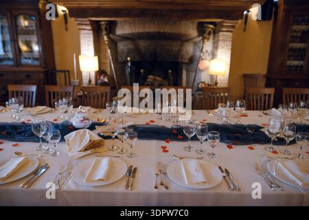 Elegant long dining table set for a formal event with rose petals Stock Photo