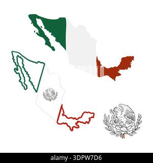 Graphic map of Mexico in flag colors. Vector illustration. Mexican flag and coat of arms, isolated on white background. Stock Vector