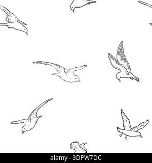 Seagull in flight, black and white sketch. Vector illustration. Seabirds, seamless pattern, isolated on a white background. Stylized sea and flock of Stock Vector