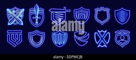 Neon cyber security shield icons glowing blue, protecting data, network, privacy. Futuristic cyber security shields set for web, app, antivirus Stock Vector