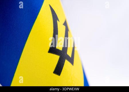 Barbados National Flag Fabric Texture Close Up Stock Photo
