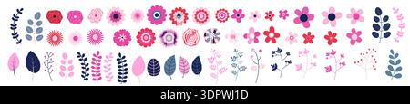 A floral collection of flowers, stems, leaves, twigs in pink and blue colors, wedding graphic design elements Stock Vector