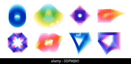 Futuristic design elements set. Gradient color geometris shapes with deformation blend Stock Vector
