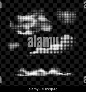 Halftone smoke cloud set. Dotted texture of fog or mist Stock Vector