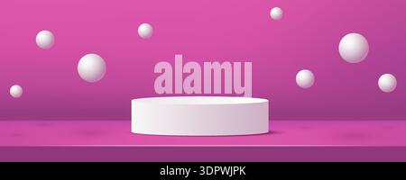 Minimal scene design with pink wall and floor, white 3d balls and podium. Stock Vector