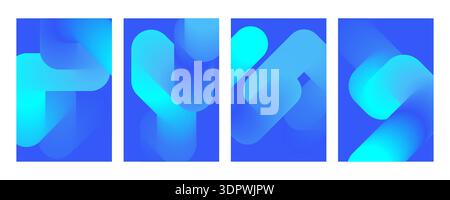 Abstract cover set with dynamic curved lines. Blue neon gradient background collection Stock Vector