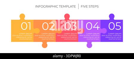 5 steps infographic template. Puzzle style timeline concept of five dependent components or parts of business project. Stock Vector