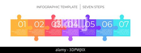 7 steps infographic template. Puzzle style timeline concept of seven dependent components or parts of business project. Stock Vector