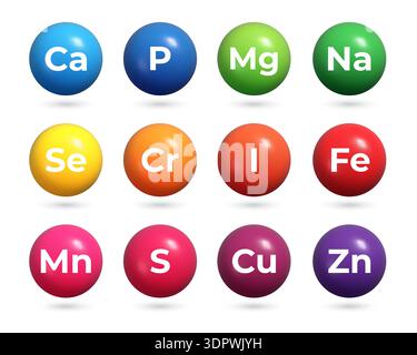 Mineral complex. Set of realistic 3d glossy balls with Mineral nutrition symbol. Stock Vector