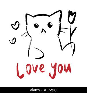 Valentines Day doodle greeting card with cat. Love you Stock Vector