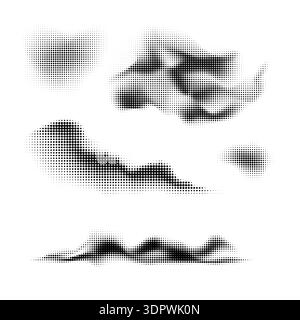Halftone smoke cloud set. Dotted texture of fog or mist Stock Vector
